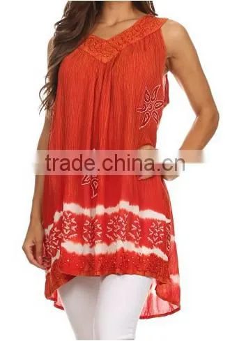 Sequin Embroidered Batik Relaxed Fit Sleeveless V-Neck Top - Burnt Orange - OS photo-4