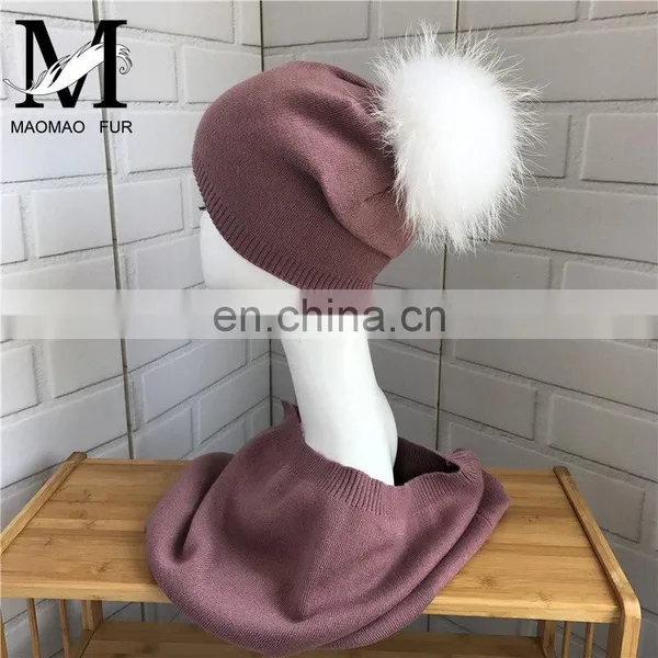 Women Cashmere Knitted Collar Raccoon Fur Pompom Hat Wholesale Hat and Scarf Sets photo-2