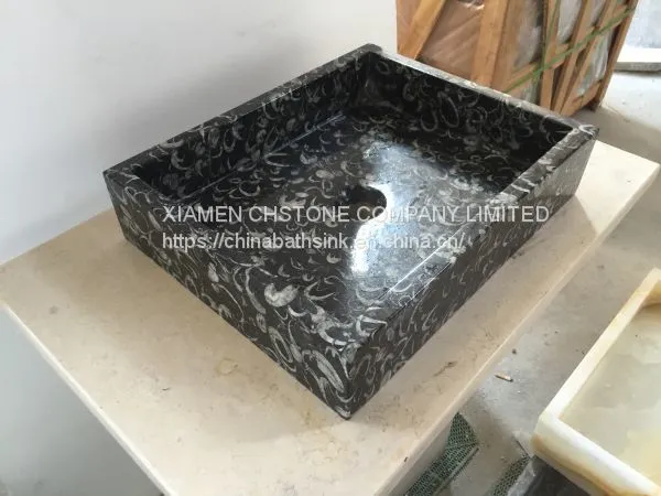 Black Sea Shell Marble Bathroom Vessel Rectangular Sink Black Marble Wash Basin