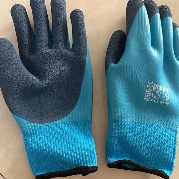 Thicked Polyester Knitted Blue and Black Foamed Latex Palm and Fingers Double Coated Water-proof Safety Work Gloves