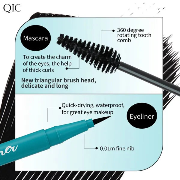 QIC 2-in-1 Eyeliner & Mascara Set – Waterproof, Smudge-proof; Lengthening, Volumizing, and Curling Makeup photo-3