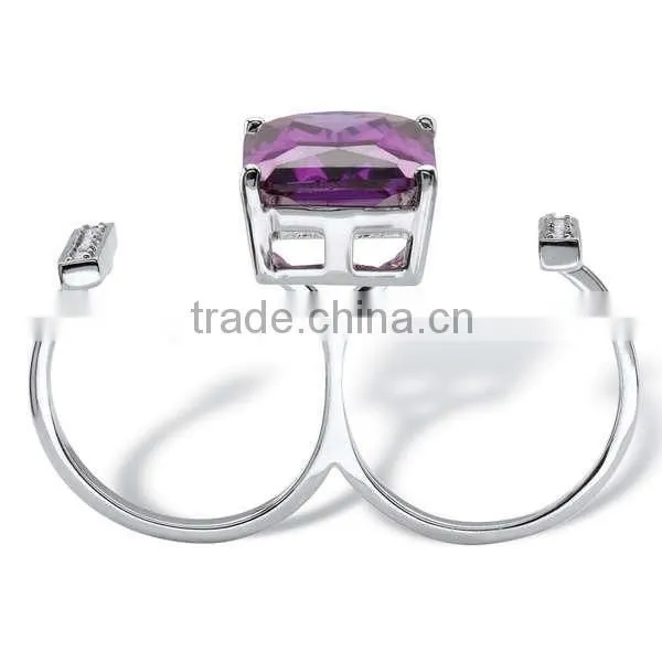 Silvertone Emerald-cut Amethyst Cubic Zirconia and Crystal Double Ring photo-2