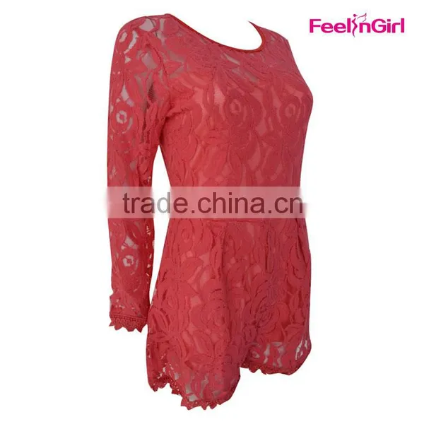 OEM Long Sleeve Short Red Lace Wedding Dress Patterns photo-4