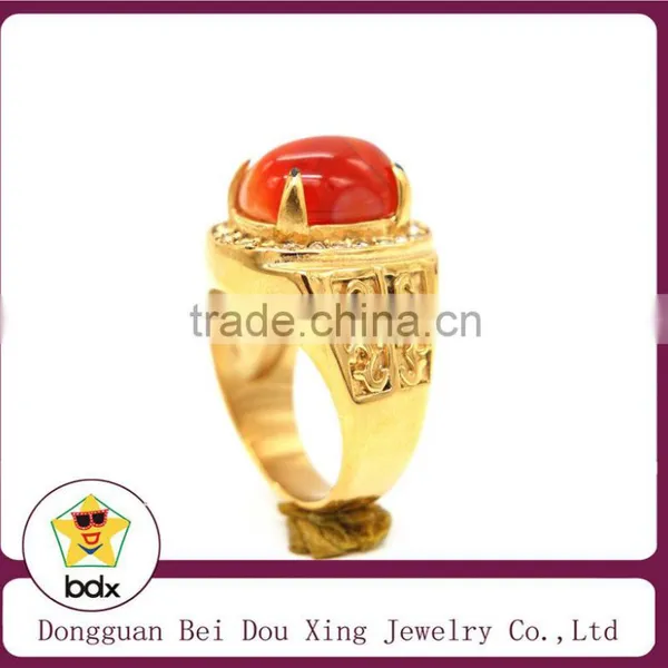 New Products 2015 Stainless Steel Rings, Garnet Stone With Gold Plated Steel Ring