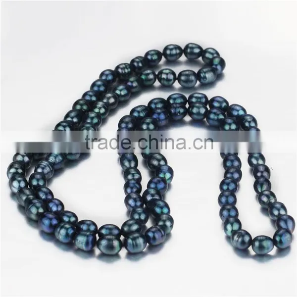 Fashion Freshwater Pearl Necklace 11-12mm Peacock Blue Long Rice Pearl Necklace photo-2