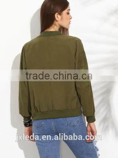 Olive Green Drop Shoulder Ladies Bomber Jacket With Zip Pocket photo-3