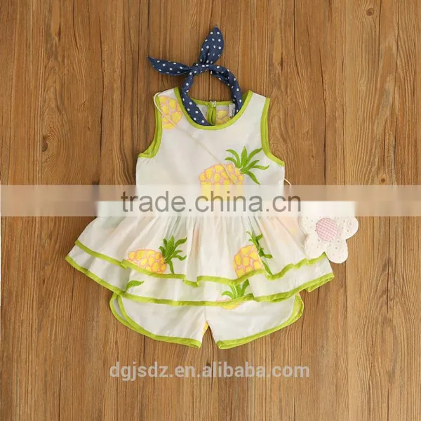 Lotus Leaf Pineapple Embroidery Sleeveless Little Vest Shirt Shorts Pant Set for Lovely Gorl Wholesale photo-3