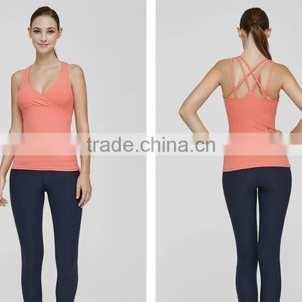2016 Women Tight Vest Sports Yoga Fitness Tops Coral Back Cross Strap Ladies Tank Top
