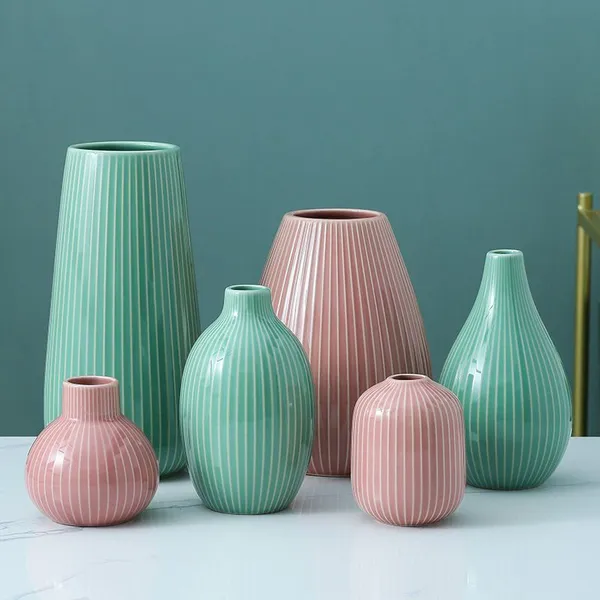 Green And Pink Stripe Easy Simple Ceramic Vase Art Decor For Drawing Room photo-2