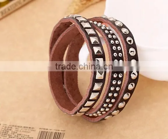 Fashion Vintage Men's Metal Steel Studded Surfer Leather Bangle Cuff Bracelet photo-3
