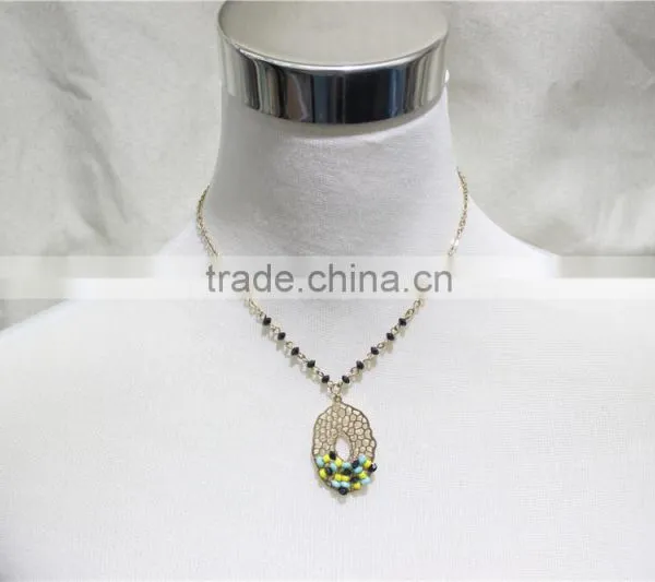Newest Elegant Multi-colors Beads Wrapped Pendant Necklace W/Blue Yellow Black Cut-out Necklace 2016 Fashion Necklace Wholesale
