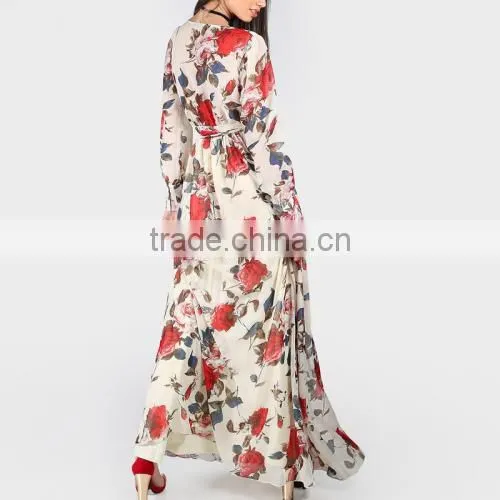 One-piece Dress Deep V Printed Floral Beige Chiffon Dress photo-3
