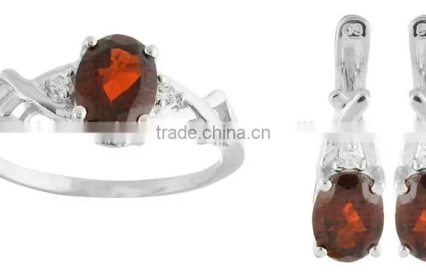 925 Sterling Silver Women Garnet Ring Earring Set