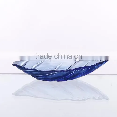 Blue Color Glass Dish With Leaf Shape