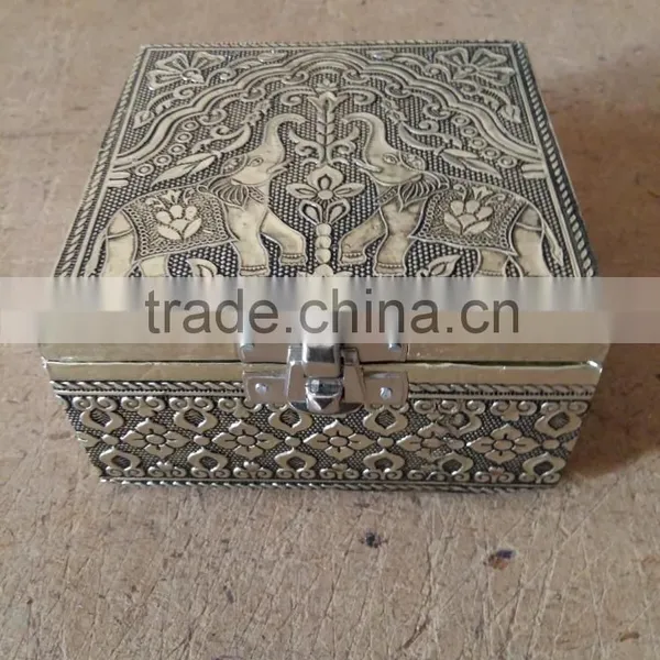 Antique ELEPHANT Designed Wooden Handmade Metal Finish Wedding Favor Box / Trinket Box