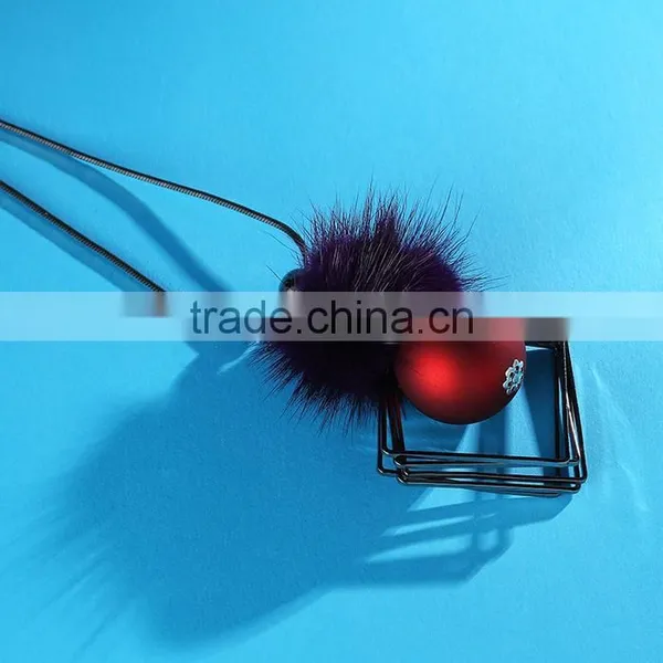 Chunky Ball Metal Square Pendant Necklace Winter Mink Fur Ball Pendant Necklace Geometric Sweater Necklace photo-6