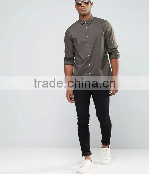 Custom Long Sleeve Spread Collar Mens Pre-Shrunk 55% Cotton 45% Polyester Breathable Comfort Fit Casual Grey Plain Shirts photo-4