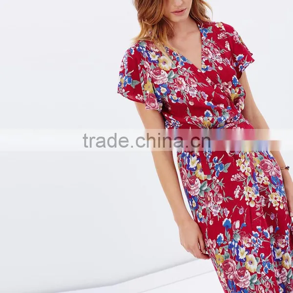 Bambi Bloom Floral Printed Short Sleeve Ruffled Maxi Wrap Dresses photo-6
