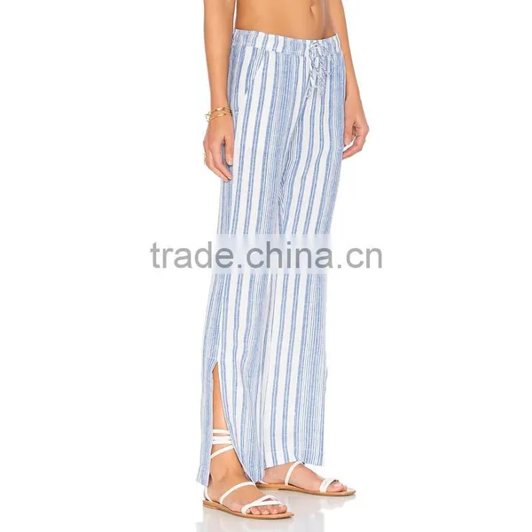 Cotton Blend Striped Drawstring Trousers Ladies Side Slit Lounge Pants photo-2