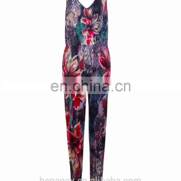Latest Custom Printed Casual Jumpsuit Lily Floral Printed Sleeveless V Neck Jumpsuit photo-3