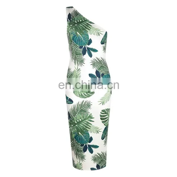 Custom High Quality Tropical Print One Shoulder Bodycon Women Midi Dress photo-4