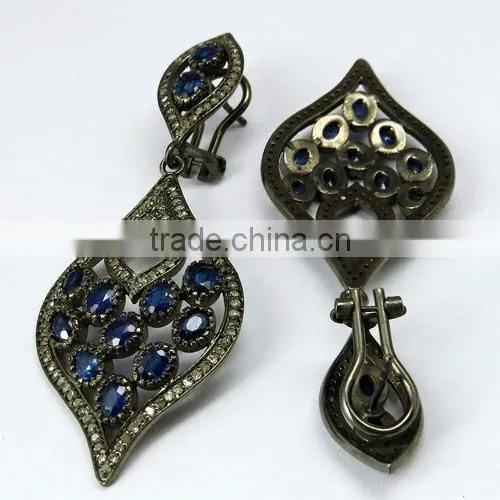 Bring The Heat !! Blue Sapphire & Diamond 925 Sterling Silver Earring, Dangler SIlver Earring, Indian Fashion Silver Jewelry photo-5