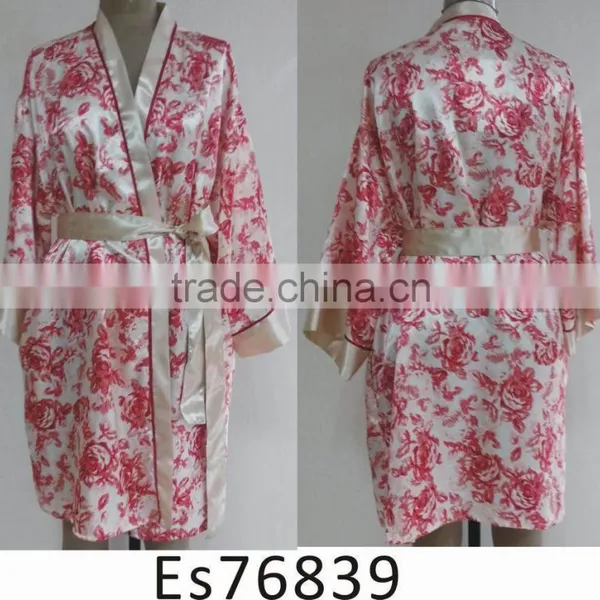 100%poly Comfortable Women Nightdress for Rose Printed Satin Pajams With Long Sleeve
