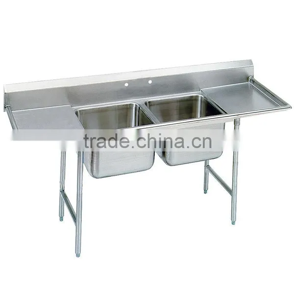 Freestanding Restaurant Kitchen 2 Two Compartment Commercial Stainless Steel Sink With Two Drainboard photo-4