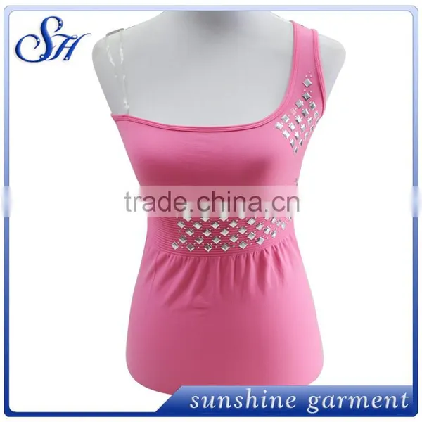 2016 Hot Selling Sexy Pink Girls Wholesale Plain Tank Tops With Rhinestones