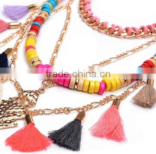Fashion National Style Mutil Chain Tassels Colorful Beads Chunky Choker Necklace Jewelry photo-5