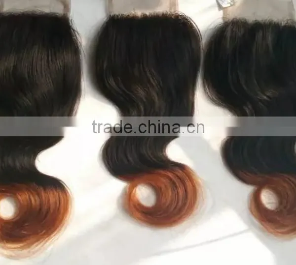 Brazilian Hair 2T Ombre Color #1b/#30 Medium Auburn Free Part Body Wave 4x4 Lace Closure Two Tone Top Closures Cheap Hair Pieces photo-2