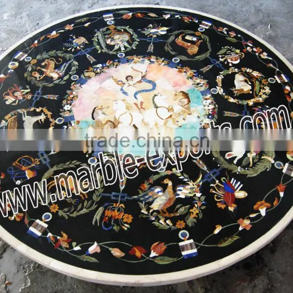 Italian Inlay Marble Dinning Table Top, Round Black Pietra Dura Table Top photo-3