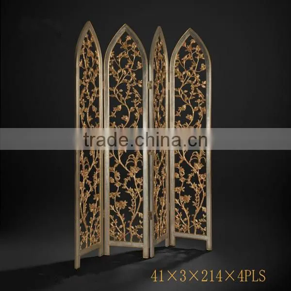 Elegant Gilt Wooden Floor Screen, Gold Painted Flower & Bird Four Panel Folding Screen, Curio Classic Furniture Decor Screen photo-4