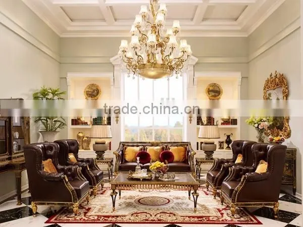 Vintage Wood Carved European Sofa, Hand Painting Wooden Living Room Sofa Set, Button Tufted Chesterfield Genuine Leather Sofa photo-2