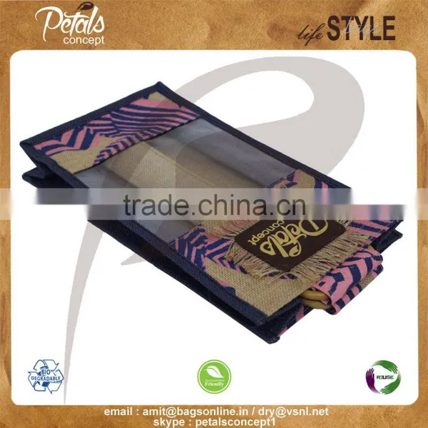 PP Laminated Jute Two Bottle Wine Bag With Window & With Wooden Cane Handle With Inside Partition photo-5