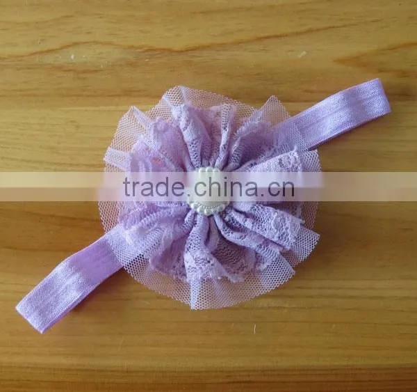 Lace Flower Headband With Pearl Rhinestone in Center for Kids Hair Accessories photo-3