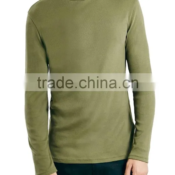 Khaki Ribbed Roll Neck Men T-Shirt Wholesale Customized Logo Organic Cotton Gym Muscle Long Sleeves T Shirts photo-3