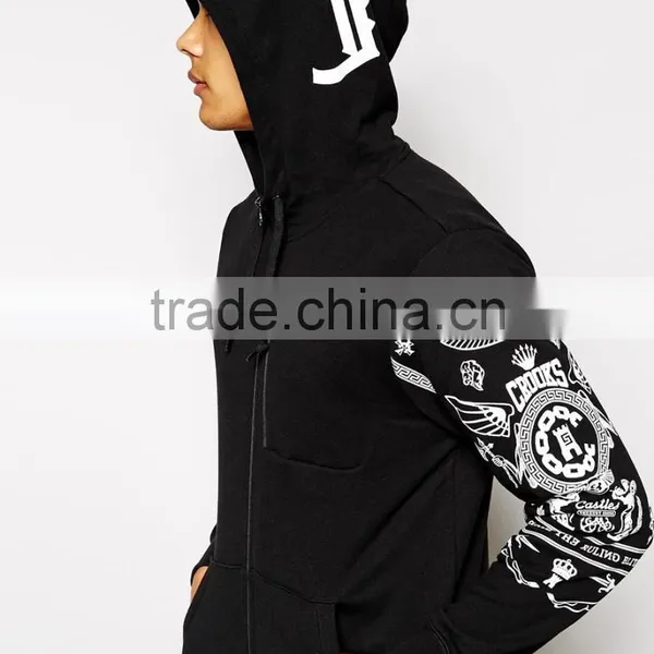 Sleeves Printed Custom Black Zip up Hoodie photo-5