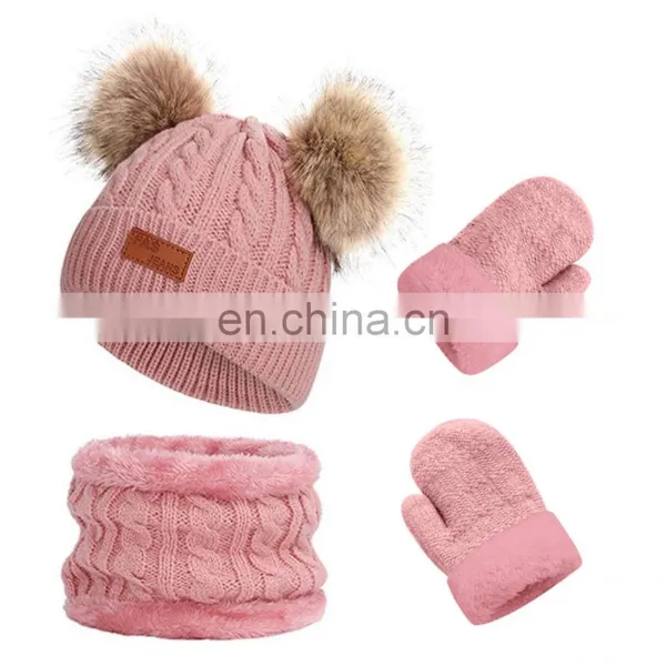3Pcs Kids Winter Knitted Hat Scarf Gloves Set With Warm Fleece Lined for Children Girls Boys of 1-3 Years