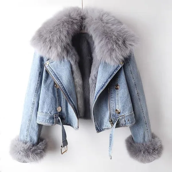 2025 Autumn Winter Women’s Short Denim Parka With Detachable Faux Fox and Rabbit Fur Lining