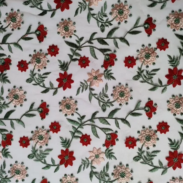 XF6056 Floral Embroidered Fabric Colorful Plants Tulle Embroidery Fabric photo-2