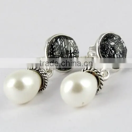 Most Clever Black Rutile & Pearl 925 Sterling Silver Earring, Gemstone Silver Jewelry, Handmade Silver Jewelry photo-3