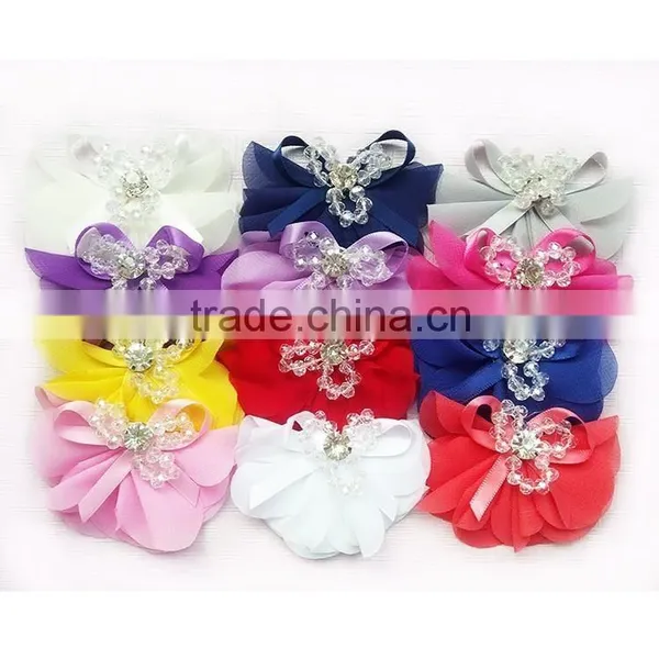 Wholesale Handmade 3" Chiffon Fabric Rhinestones With Pearls Bow,chiffon Pealrs Flower Brooches Hair Bow photo-2