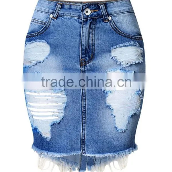 Professional Jeans Manufacture Guangzhou China Girls Women's High Waist Hole Jean Skirts Pencil Denim Skirt
