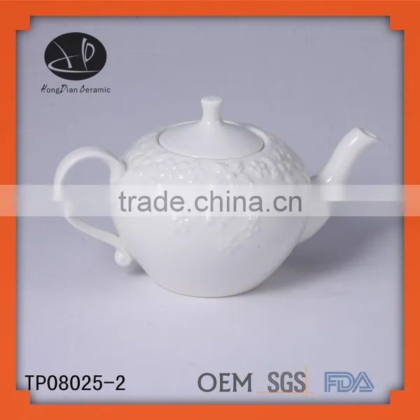 Plain White Porcelain Teapot,ceramic Teapot With Embossing Design