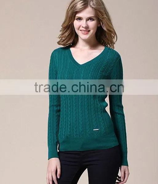 OEM Ladies Fashion Long Sleeve V-neck Solid Vantage Woman Pullover Sweater
