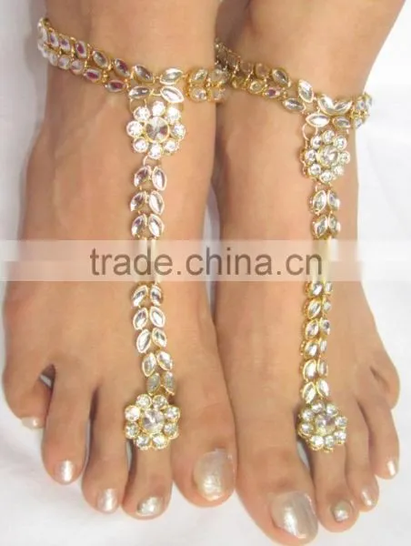 KUNDAN GOLD PAYAL Anklets Pair Toe Ring Barefoot Sandal photo-2
