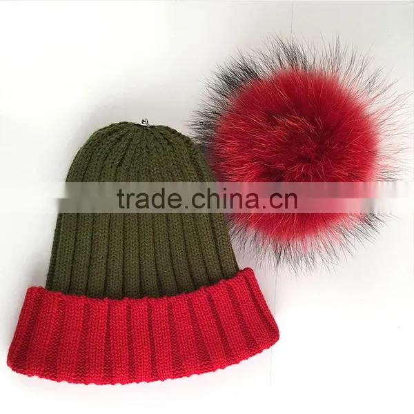 Myfur Hot Sale Christmas Adults Size Raccoon Fur Pom Pom Knitted Beanie Hat photo-2