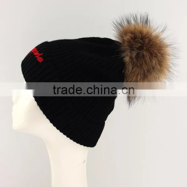 Myfur Letter Embroidery Winter Knitted Beanie Hat Black Unisex Pom Pom Hat photo-3