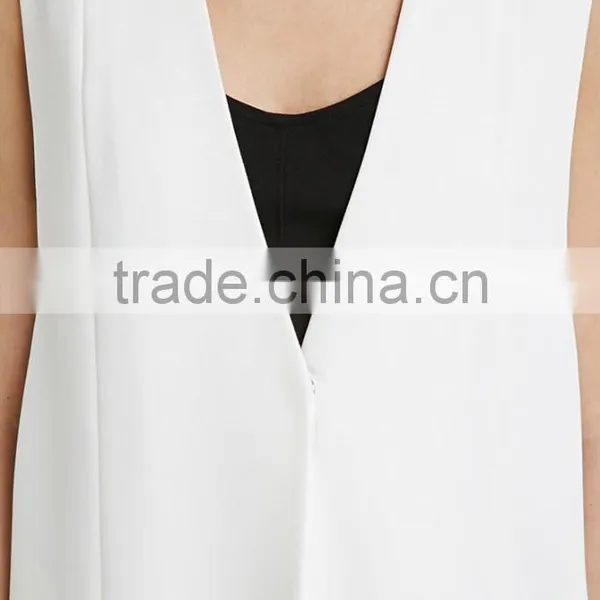 Collarless V-neck Longline Women Vest Woven Vests With Pockets photo-5